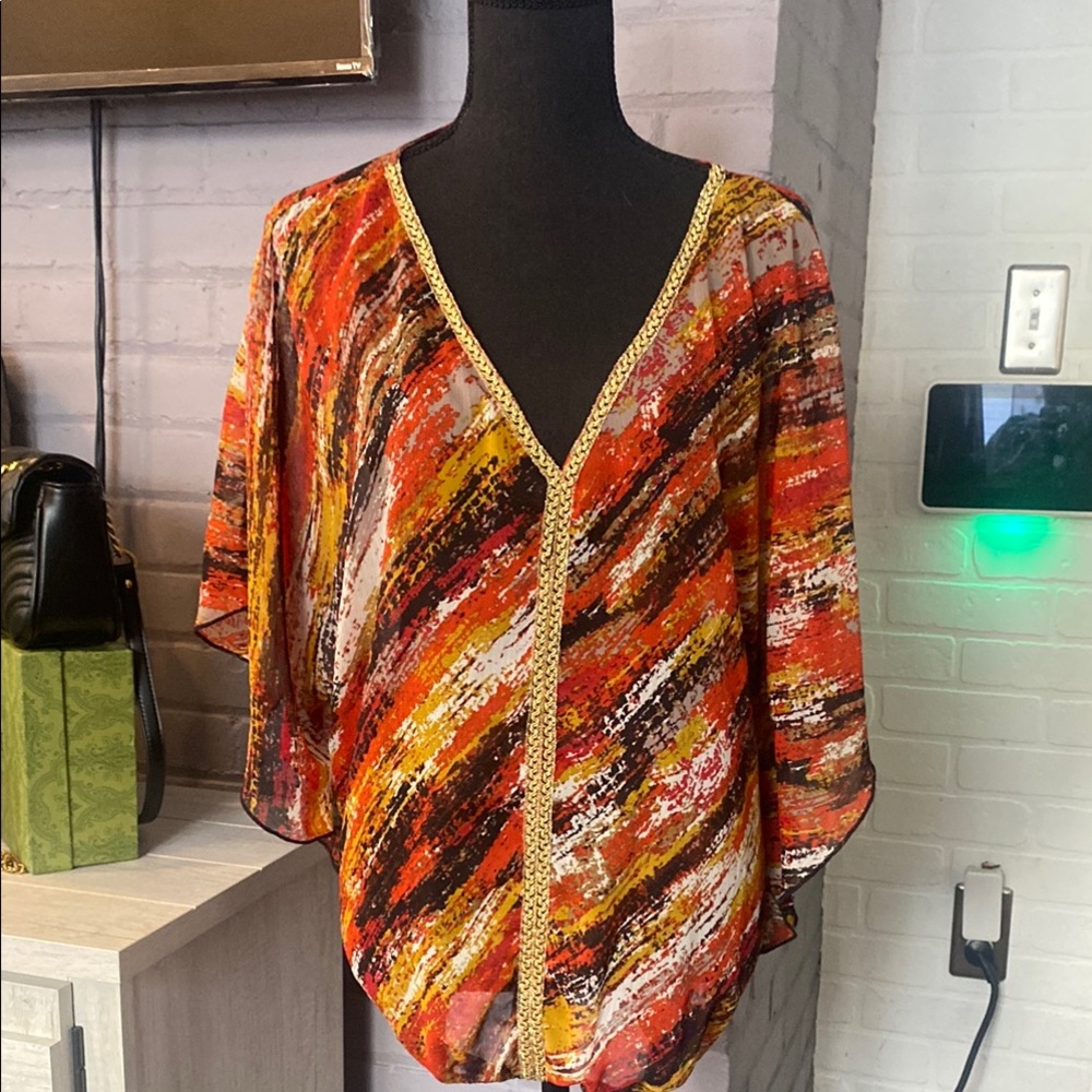 Sheer Asymmetrical Red and Orange Blouse with Relaxed Fit